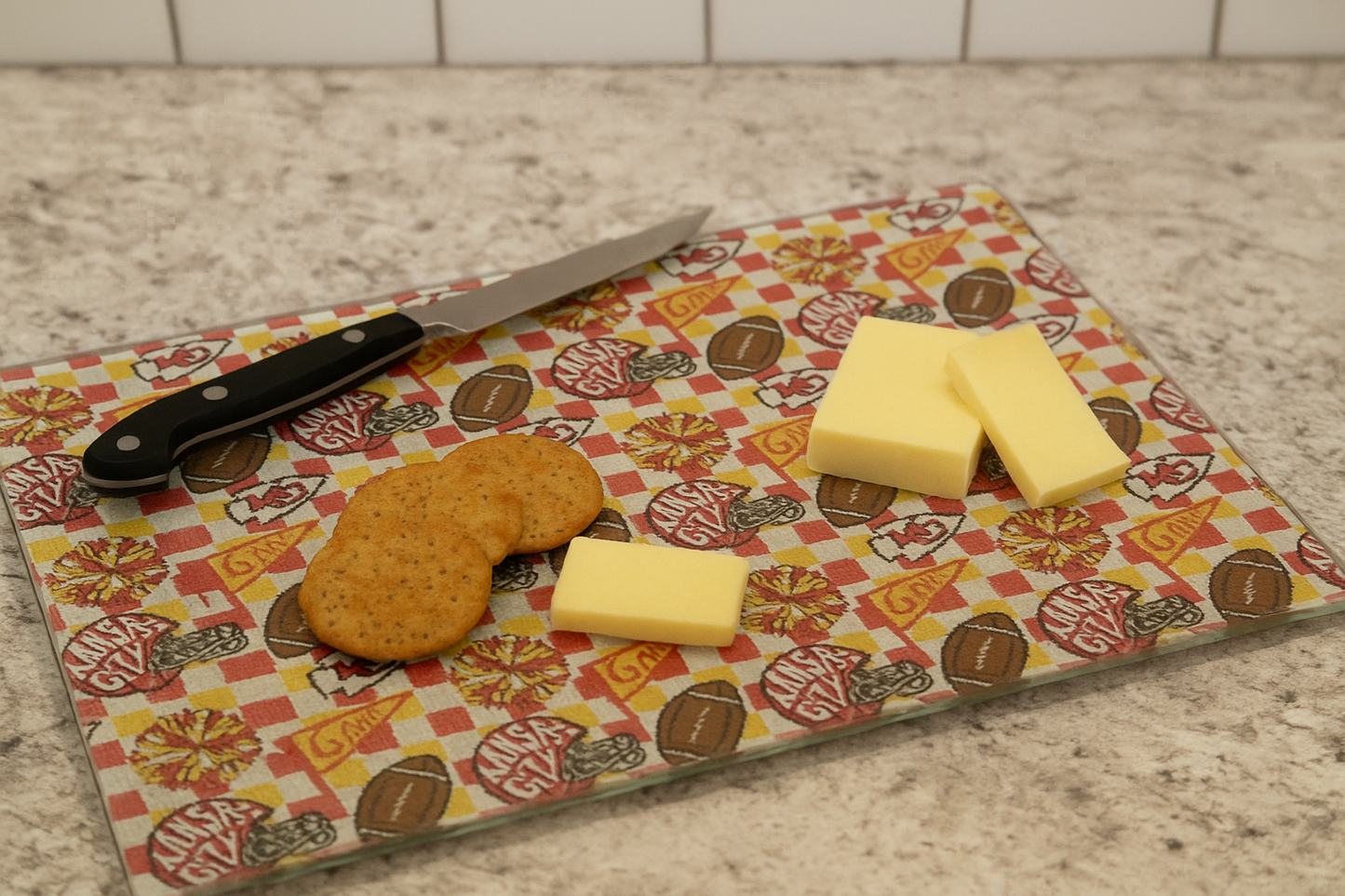 Designed To Flaunt - Sublimated Chiefs Scatter Print Tempered Glass Cutting Board