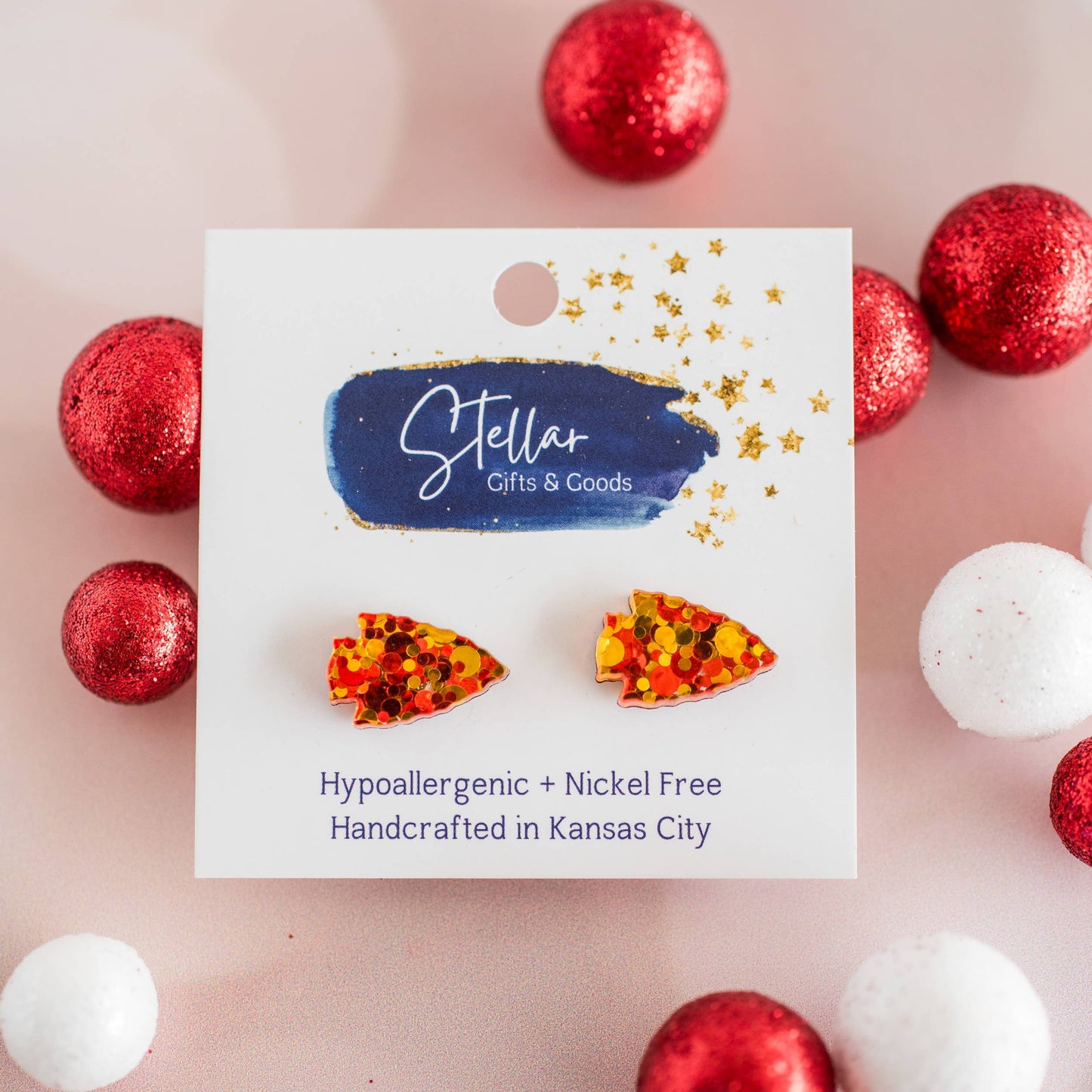 Stellar Gifts & Goods Wholesale - Red & Gold Confetti Arrowhead Studs Kansas City Football