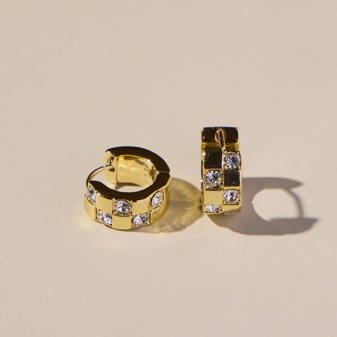 Nickel and Suede - Gold Pavé Checkered Huggies