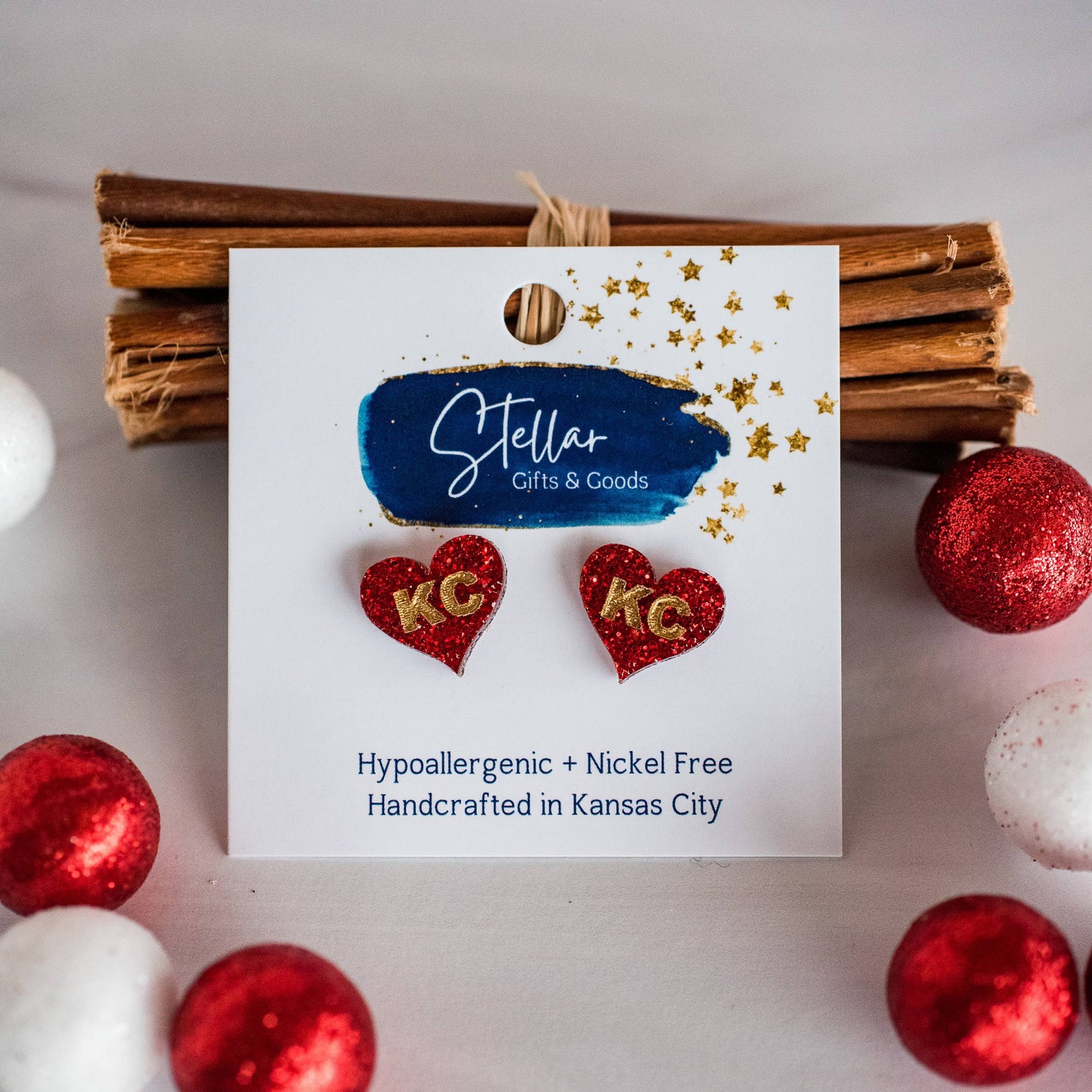 Stellar Gifts & Goods Wholesale - Kansas City Football Hand Painted Red Glitter KC Heart Studs