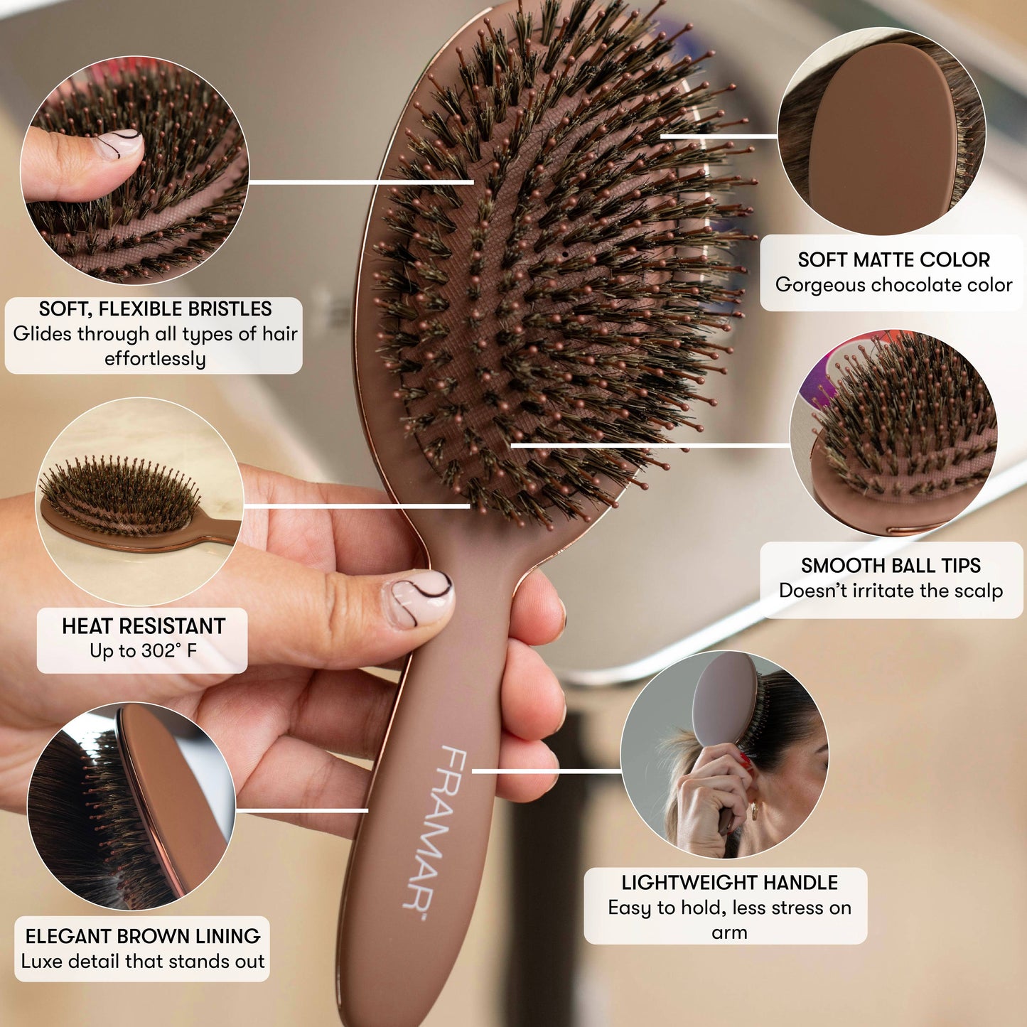 Framar Hair Brushes & Hair Accessories - FRAMAR Boar Bristle Hair Brush, Boar Brush For Hair - Brown