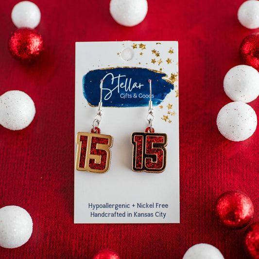 Stellar Gifts & Goods Wholesale - Petite Red Glitter Gold Mirror DL Number 15 Dangles