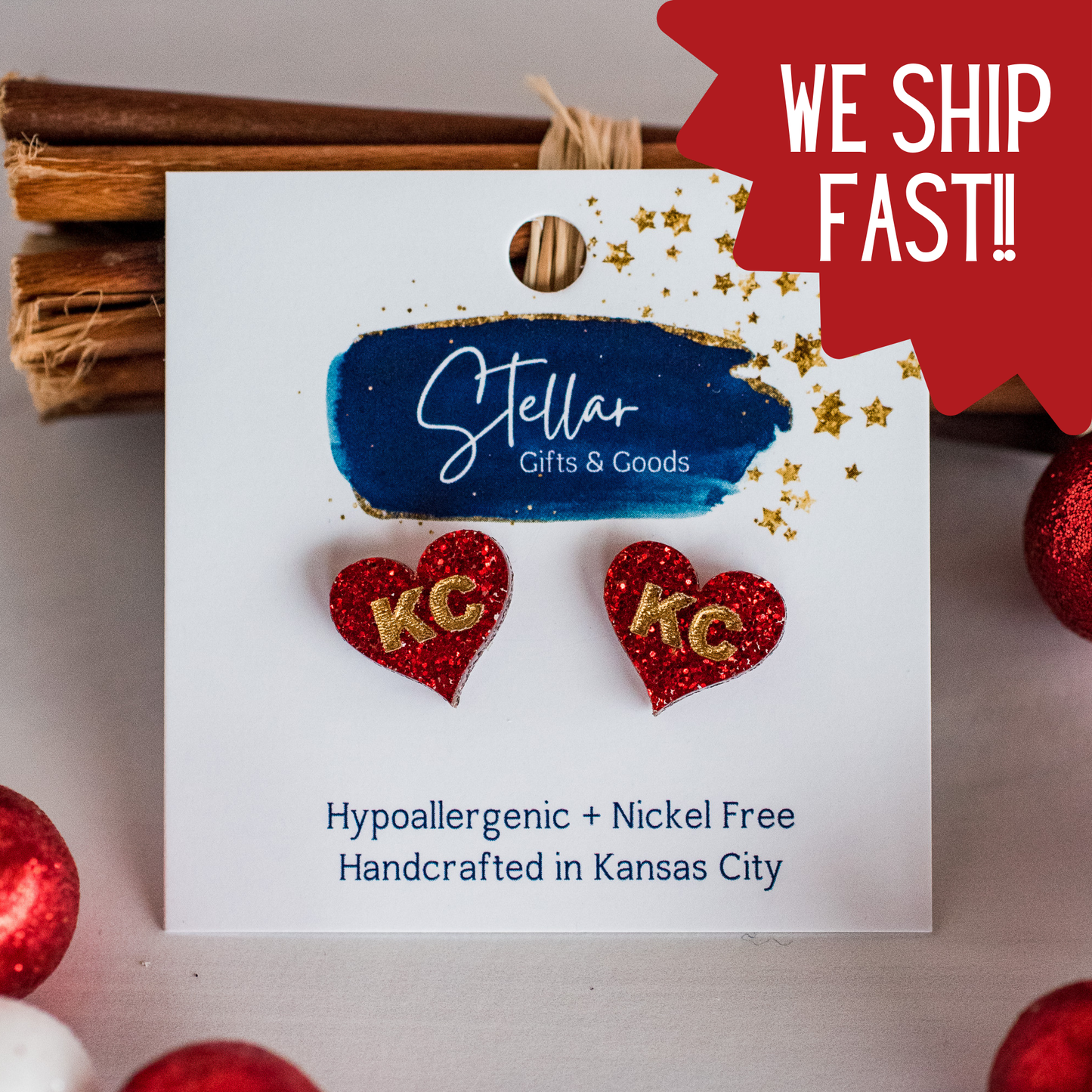 Stellar Gifts & Goods Wholesale - Kansas City Football Hand Painted Red Glitter KC Heart Studs