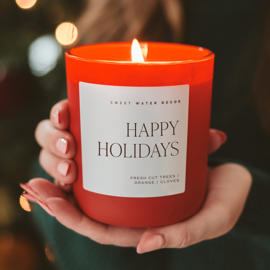 Sweet Water Decor - *NEW* Happy Holidays 15 oz Soy Candle, Matte Jar- Home Decor