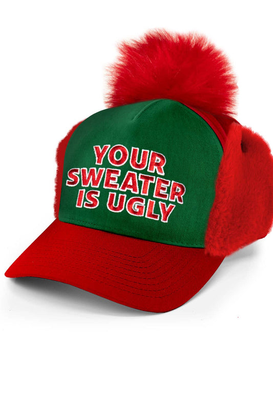 Tipsy Elves - Ugly Christmas Sweater Hat - Festive Baseball Cap with Pom