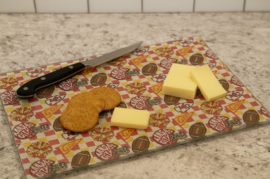 Designed To Flaunt - Sublimated Chiefs Scatter Print Tempered Glass Cutting Board