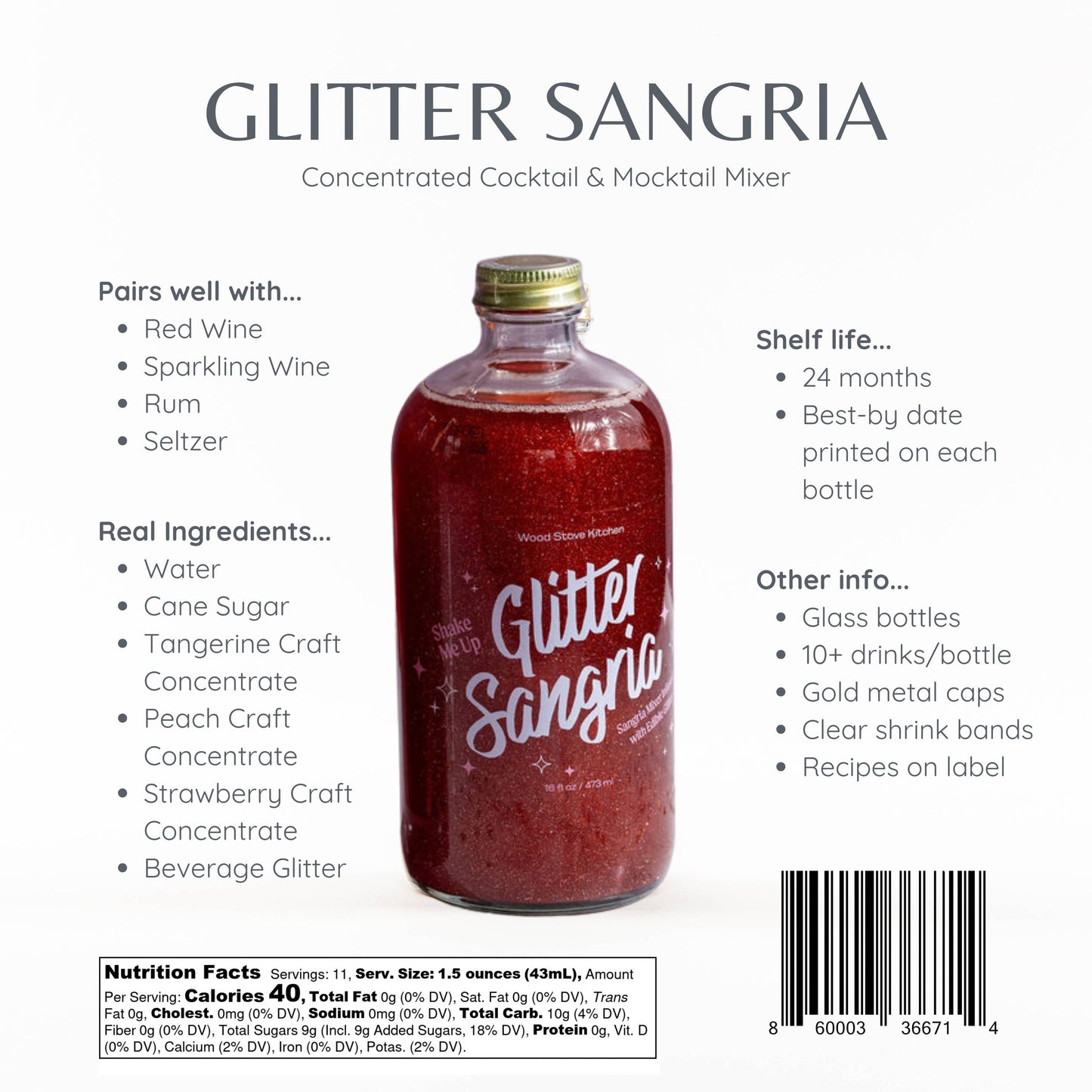Wood Stove Kitchen - Glitter Sangria Cocktail Mix/Syrup, 16 fl oz