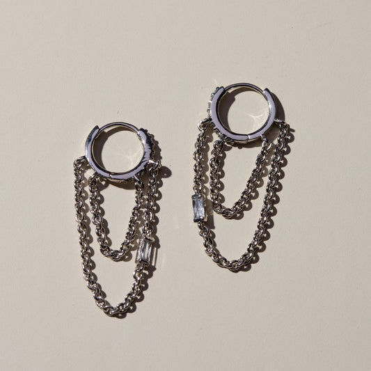 Nickel and Suede - Silver Thea Chain Huggies