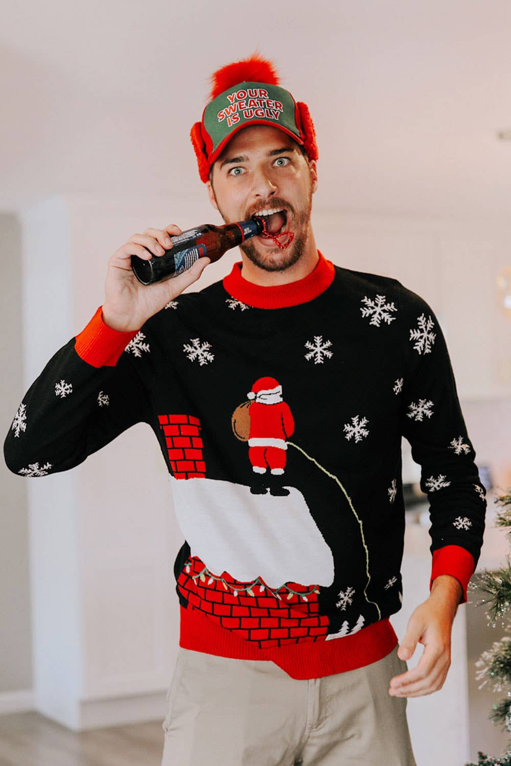 Tipsy Elves - Ugly Christmas Sweater Hat - Festive Baseball Cap with Pom