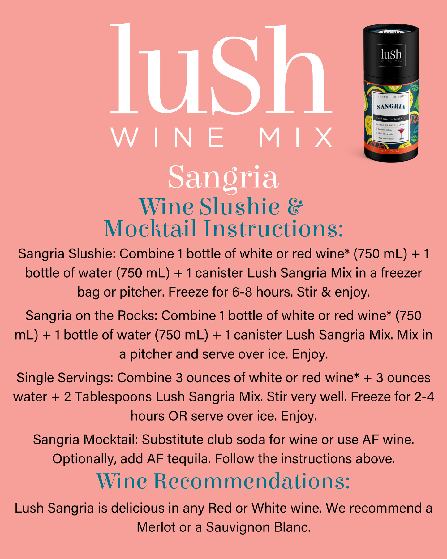 Lush Wine Mix - Sangria Wine Slushie - 8+Servings Organic Cocktails Mocktail