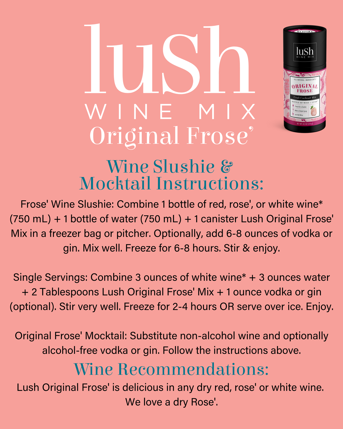 Lush Wine Mix - Original Frose Wine Slushie - 8+ Organic Cocktails Mocktails