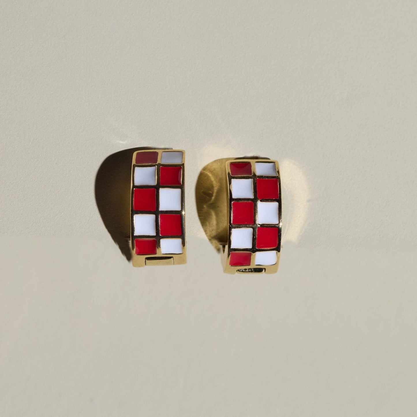 Nickel and Suede - Red & White Checkered Enamel Huggies