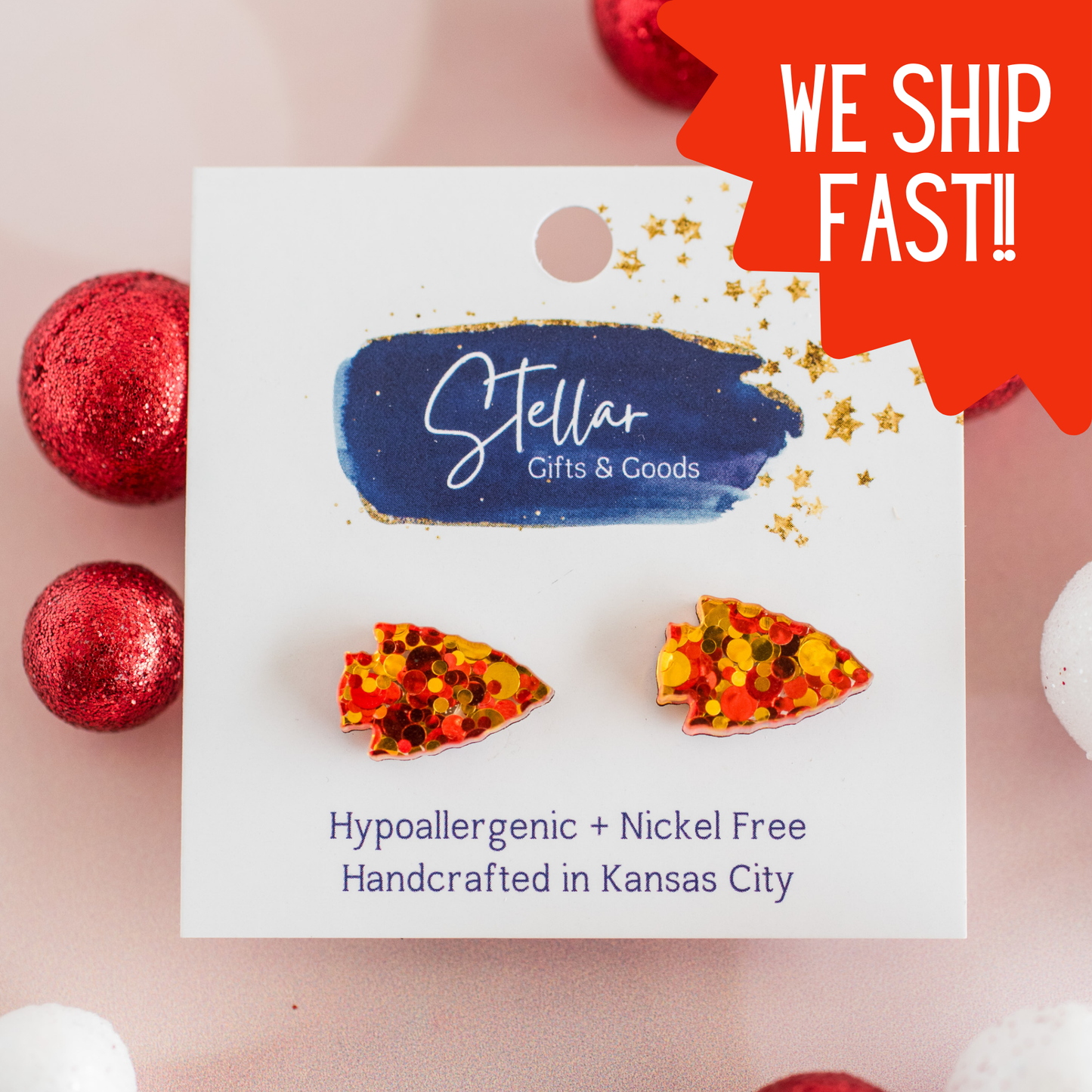 Stellar Gifts & Goods Wholesale - Red & Gold Confetti Arrowhead Studs Kansas City Football