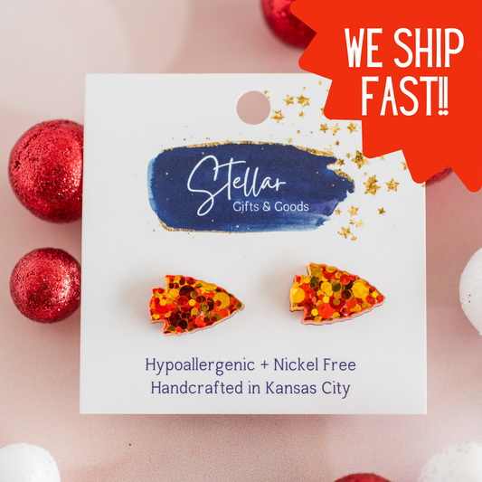 Stellar Gifts & Goods Wholesale - Red & Gold Confetti Arrowhead Studs Kansas City Football