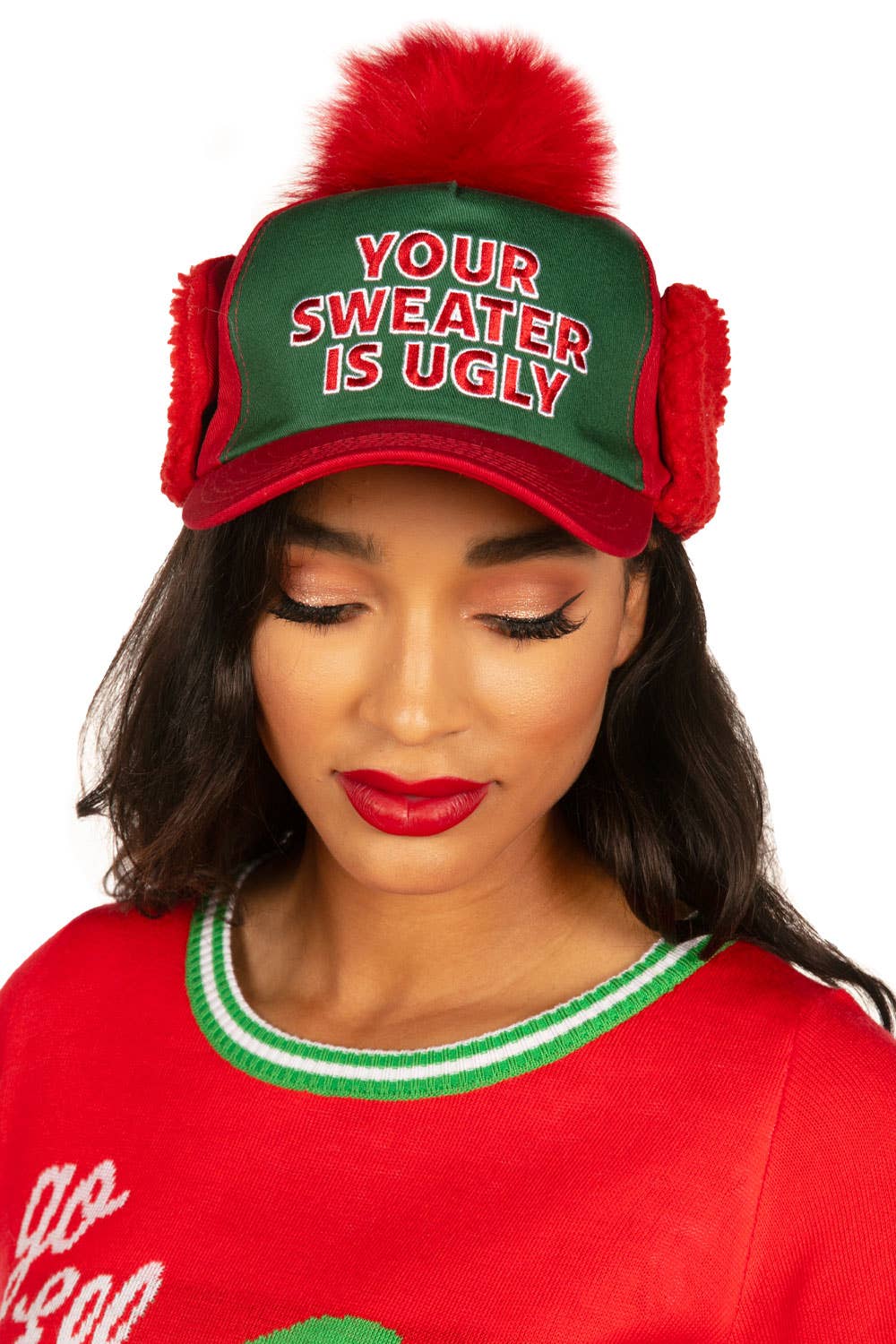 Tipsy Elves - Ugly Christmas Sweater Hat - Festive Baseball Cap with Pom