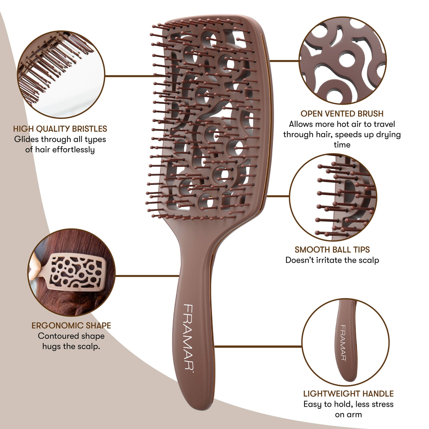 Framar Hair Brushes & Hair Accessories - FRAMAR Vented Hair Brush For Blow Drying, Vent Brush - Brown