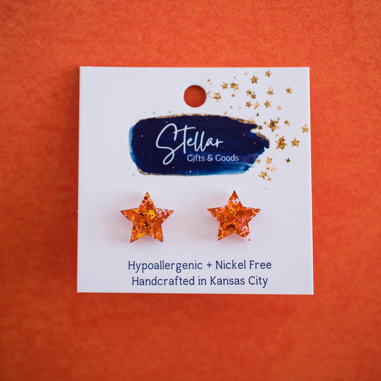 Stellar Gifts & Goods Wholesale - Star Studs - Orange Confetti Glitter - Showgirl Earrings