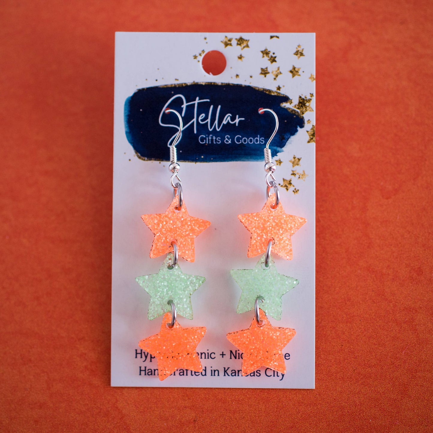 Stellar Gifts & Goods Wholesale - Triple Star Dangles - Orange & Mint Showgirl Earrings